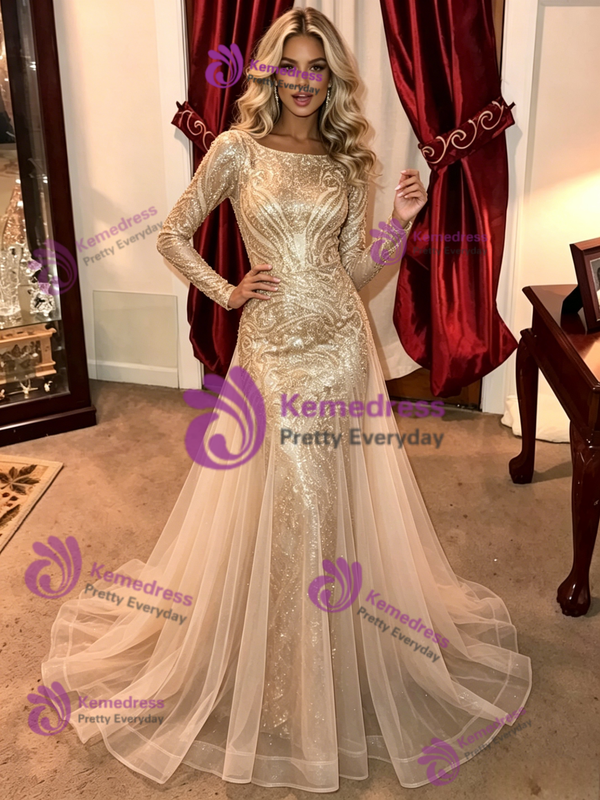 Mermaid Tulle Sequins Long Sleeve Prom Dress