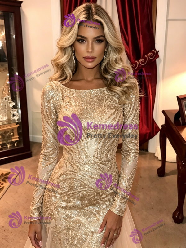 Mermaid Tulle Sequins Long Sleeve Prom Dress