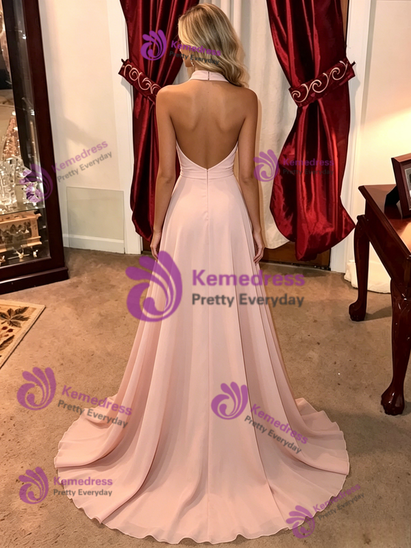 A-Line Pink Chiffon Halter Prom Dress