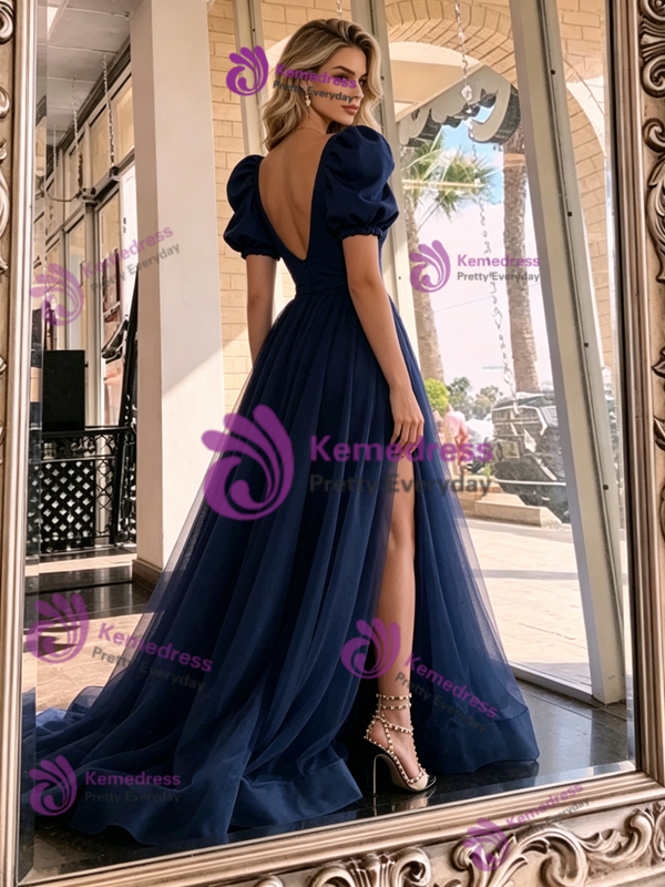 Navy Blue Tulle Puff Sleeve Prom Dress