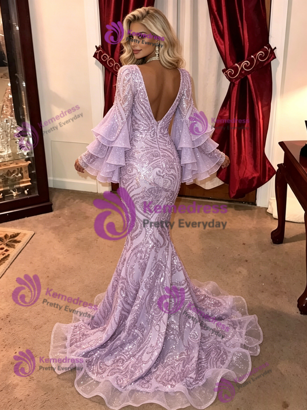 Purple Mermaid Sequins Long Sleeve Prom Dress