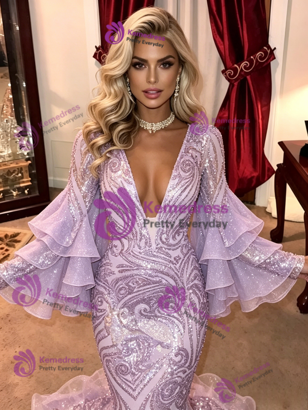 Purple Mermaid Sequins Long Sleeve Prom Dress