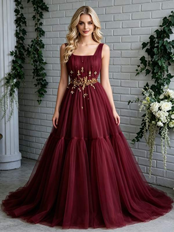 Burgundy Tulle Straps Beading Prom Dress