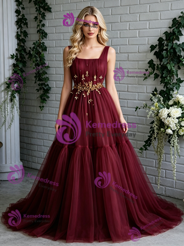 Burgundy Tulle Straps Beading Prom Dress