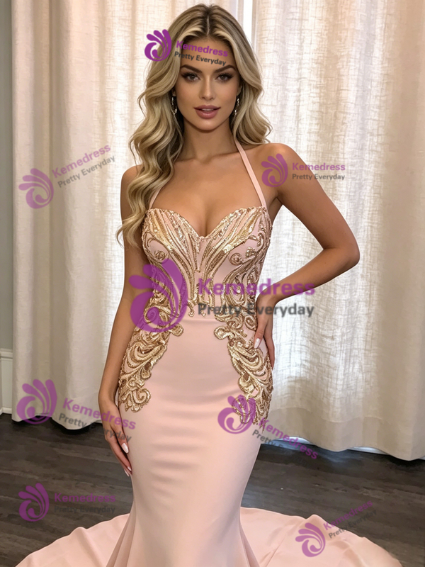 Pink Mermaid Halter Prom Dress
