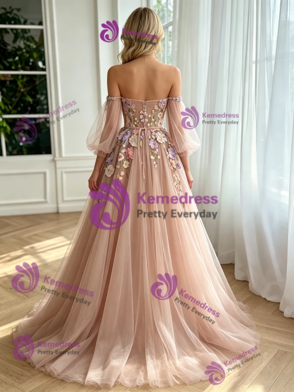Short Sleeve Tulle Off the Shoulder Prom Dress