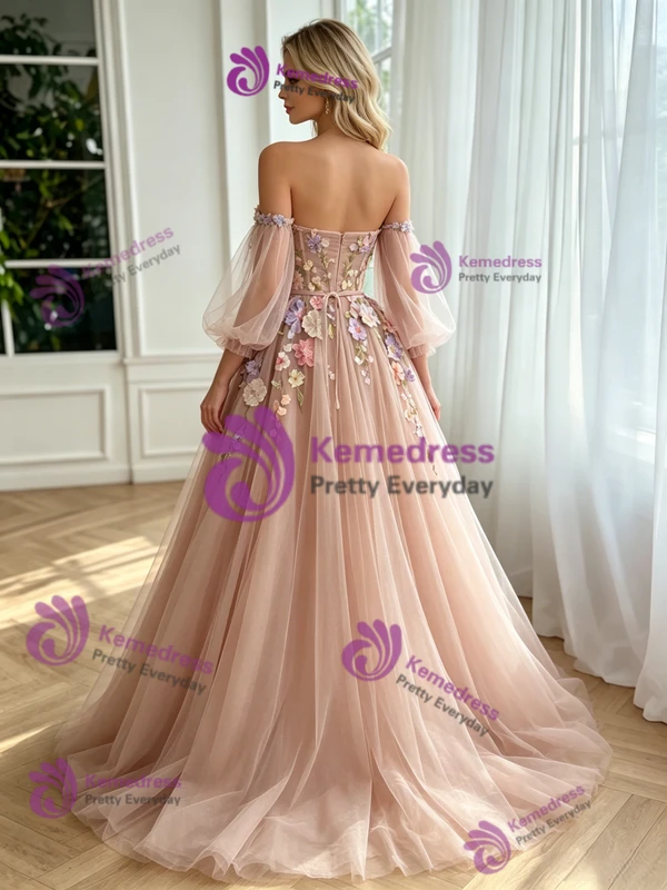 Short Sleeve Tulle Off the Shoulder Prom Dress