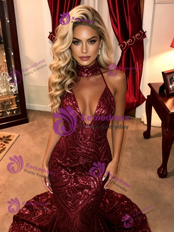 Burgundy Mermaid Sequins Halter Prom Dress