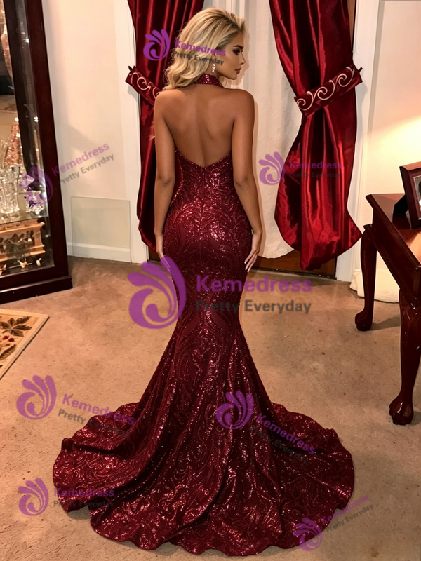 Burgundy Mermaid Sequins Halter Prom Dress