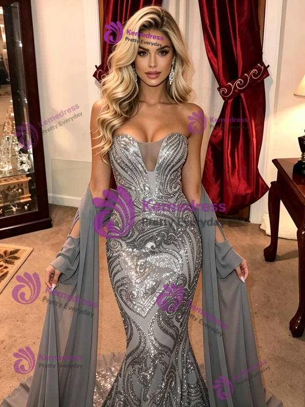 Gray Mermaid Sequins Strapless Prom Dress