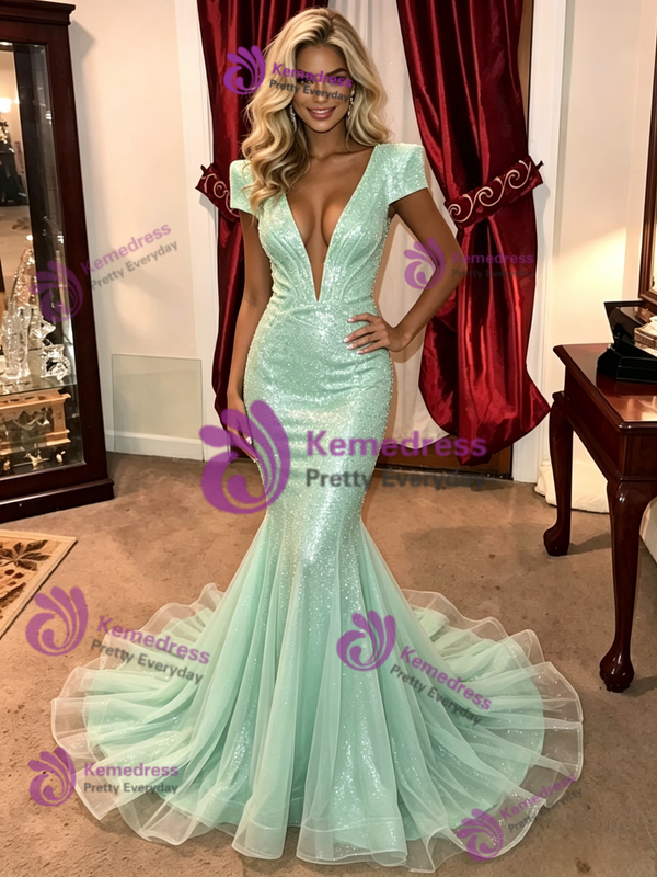 Green Mermaid V-neck Sequins Cap Sleeve Prom Dress