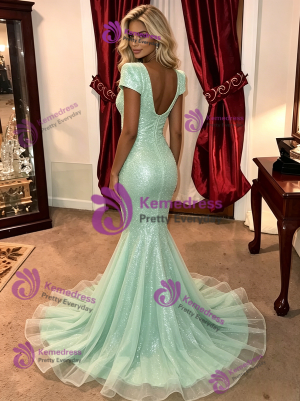 Green Mermaid V-neck Sequins Cap Sleeve Prom Dress