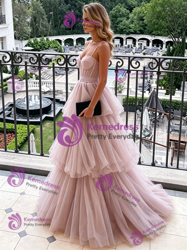 Pink Tulle Spaghetti Straps Prom Dress