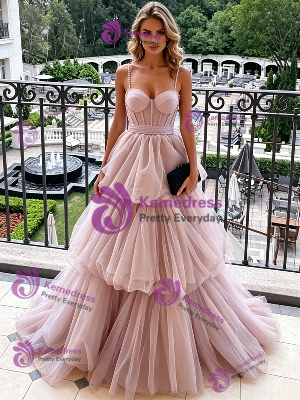 Pink Tulle Spaghetti Straps Prom Dress