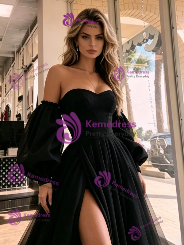 Black Tulle Long Sleeve Split Prom Dress