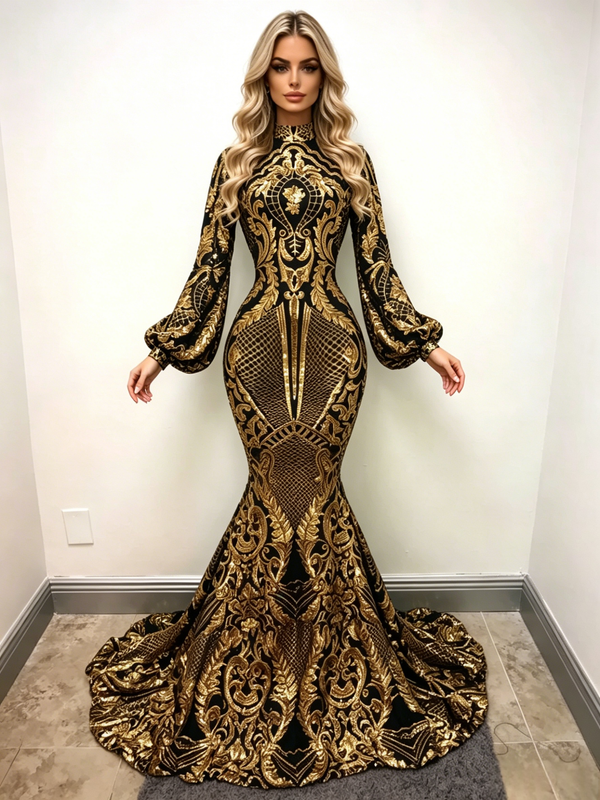 Black Gold Mermaid Sequins Long Sleeve Prom Dress