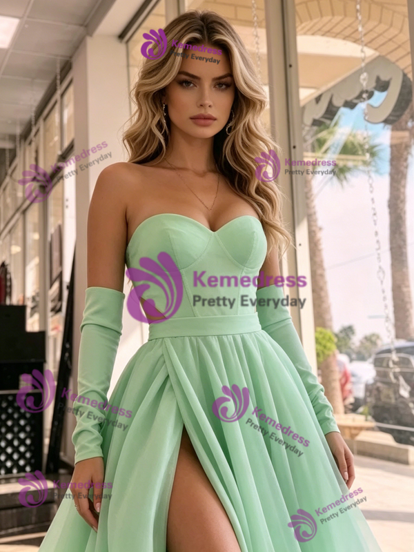 Green Tulle Strapless Split Prom Dress