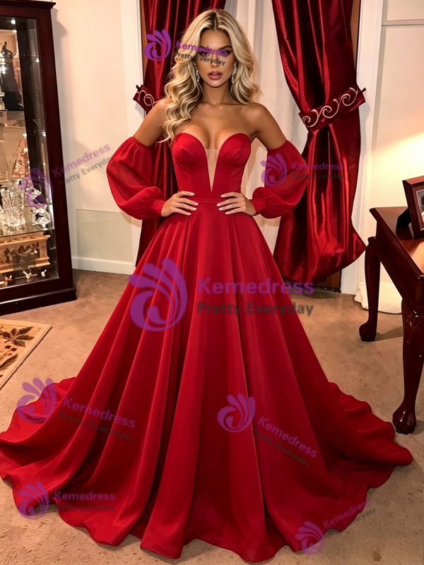 Red Strapless Long Sleeve Prom Dress
