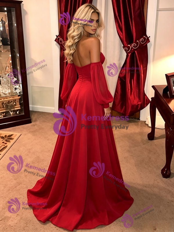 Red Strapless Long Sleeve Prom Dress