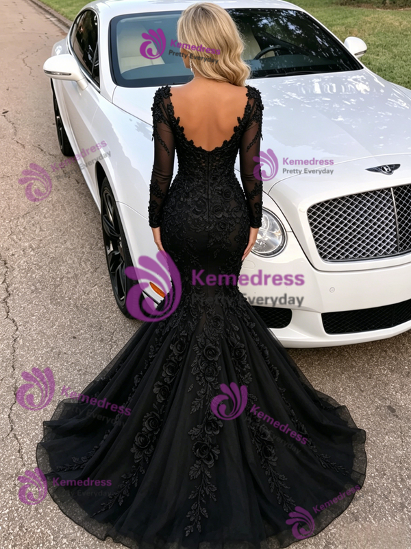 Black Mermaid Long Sleeve Prom Dress