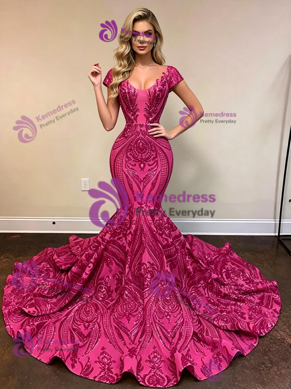 Fuchsia Mermaid Sequins Cap Sleeve Prom Dress