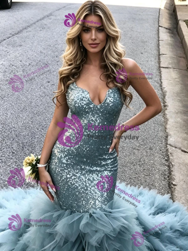 Blue Mermaid Tulle Sequins Prom Dress