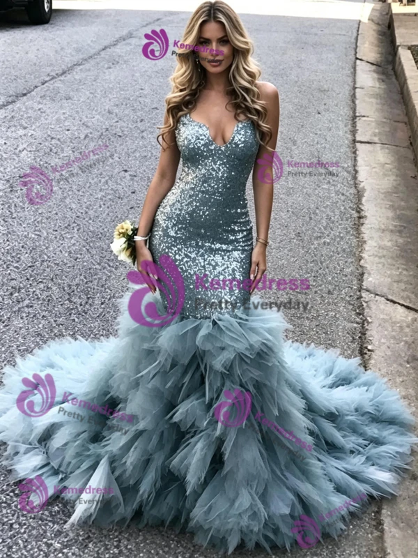 Blue Mermaid Tulle Sequins Prom Dress