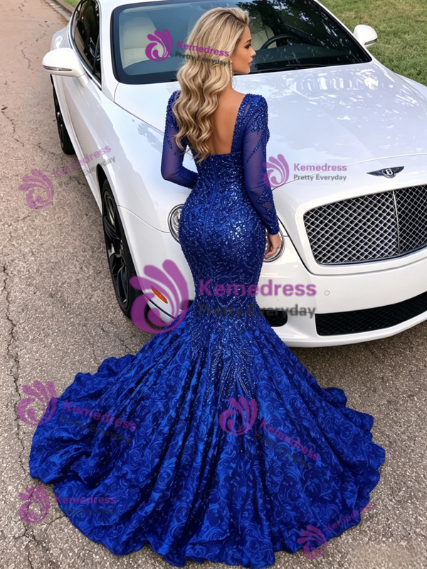 Blue Mermaid Seuqins Long Sleeve Prom Dress