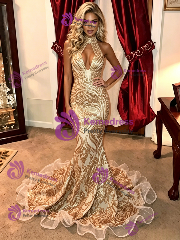 Gold Mermaid Sequins Halter Prom Dress