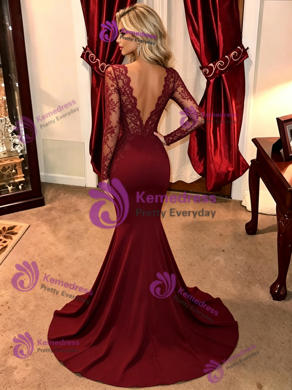 Burgundy Mermaid V-neck Long Sleeve Prom Dress