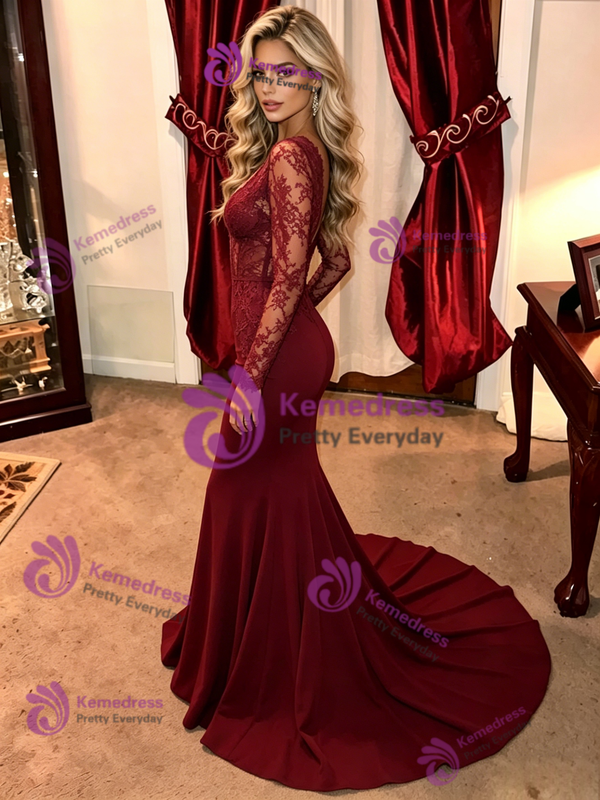 Burgundy Mermaid V-neck Long Sleeve Prom Dress