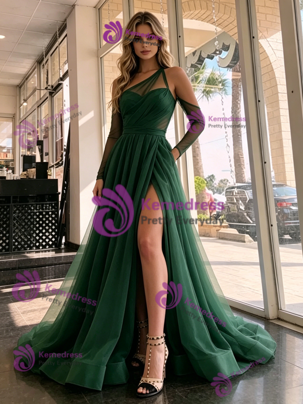 Green Tulle Long Sleeve Pleats Prom Dress