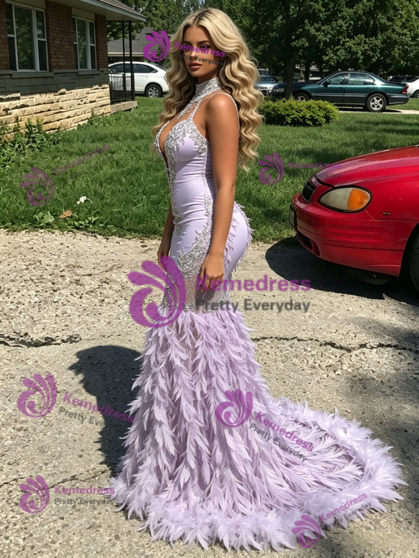 Purple Mermaid Halter Feather Prom Dress