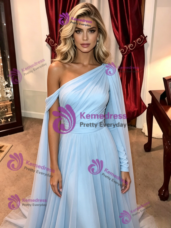 Blue One Shoulder Long Sleeve Prom Dress
