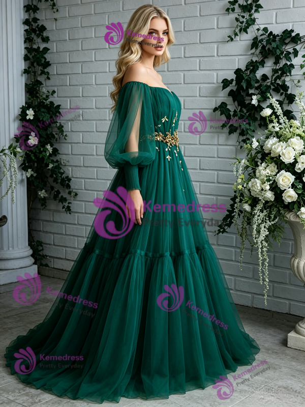 Green Tulle Long Sleeve Pleats Prom Dress 