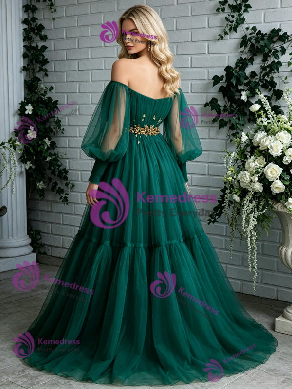 Green Tulle Long Sleeve Pleats Prom Dress 