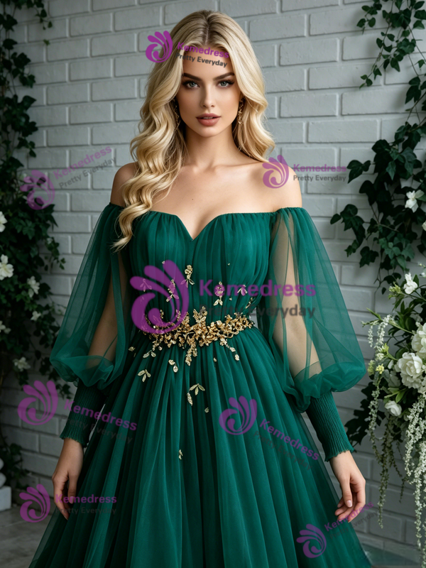 Green Tulle Long Sleeve Pleats Prom Dress 