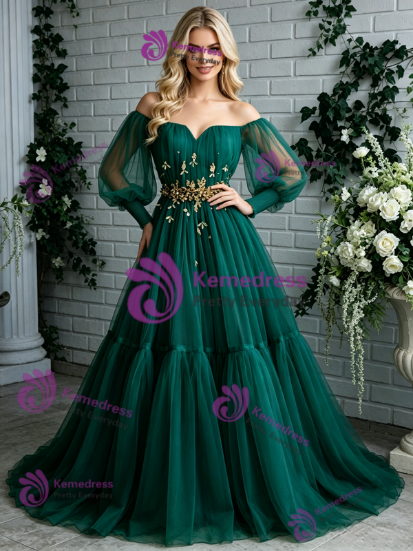 Green Tulle Long Sleeve Pleats Prom Dress 