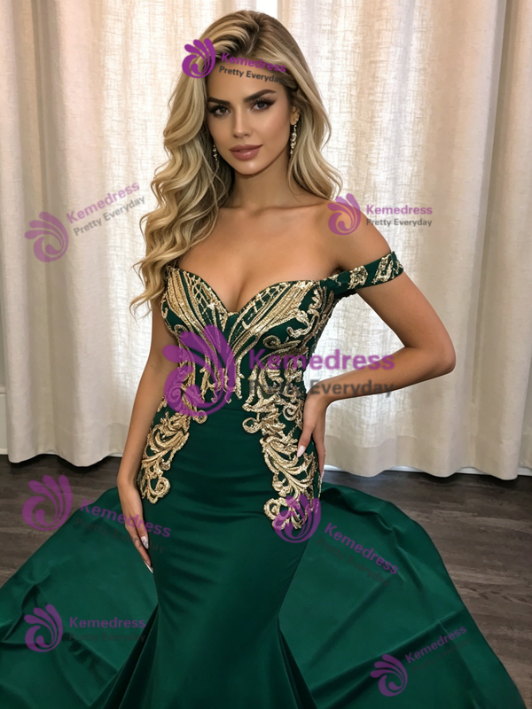 Green Mermaid Off the Shoulder Appliques Prom Dress