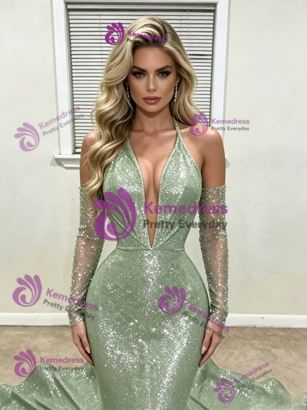 Green Mermaid Sequins Long Sleeve Prom Dress