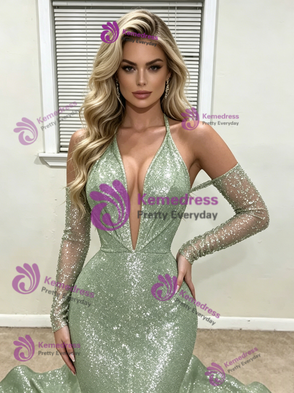 Green Mermaid Sequins Long Sleeve Prom Dress
