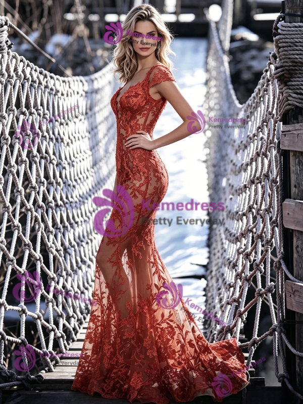 Sexy Mermaid Lace Cap Sleeve Prom Dress