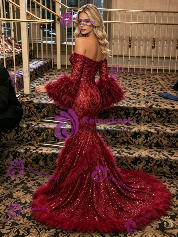 Burgundy Mermaid Sequins Feather Prom Dress