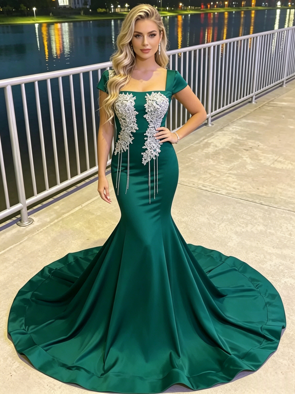 Green Mermaid Square Neck Beading Prom Dress