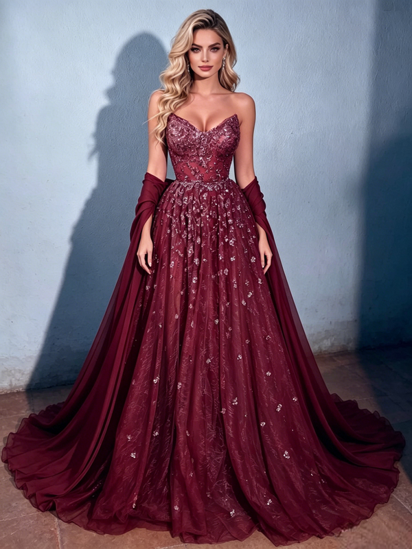 Burgundy Tulle Sequins Strapless Prom Dress