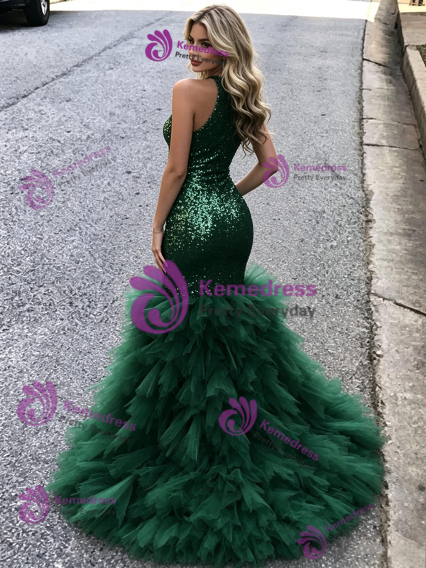 Green Mermaid Tulle Sequins Prom Dress