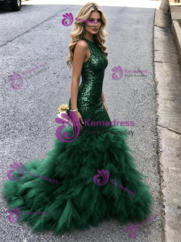 Green Mermaid Tulle Sequins Prom Dress