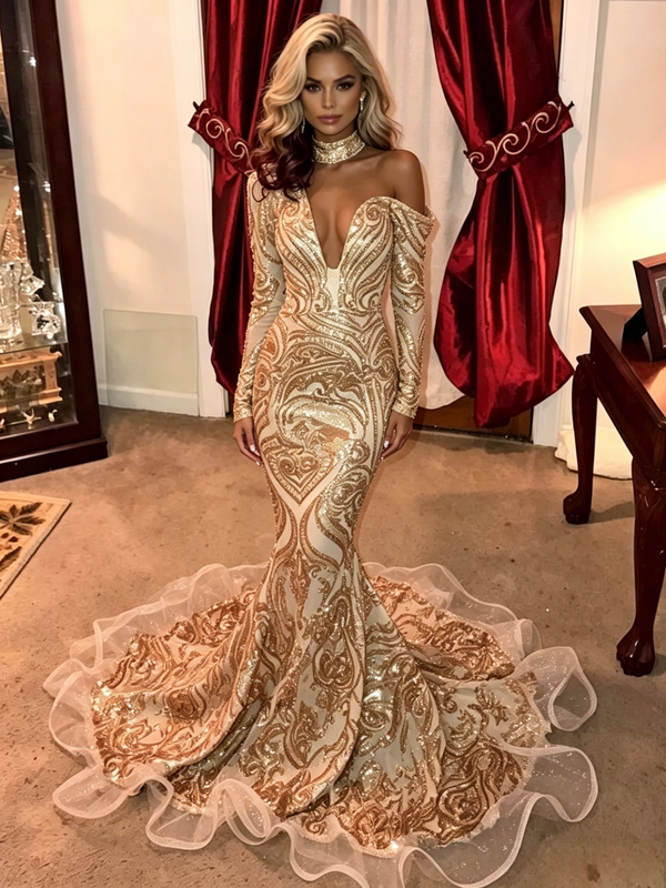 Gold Sequins Mermaid Long Sleeve Prom Dress