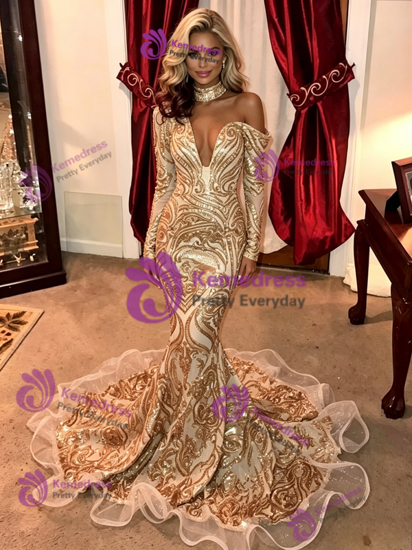 Gold Sequins Mermaid Long Sleeve Prom Dress