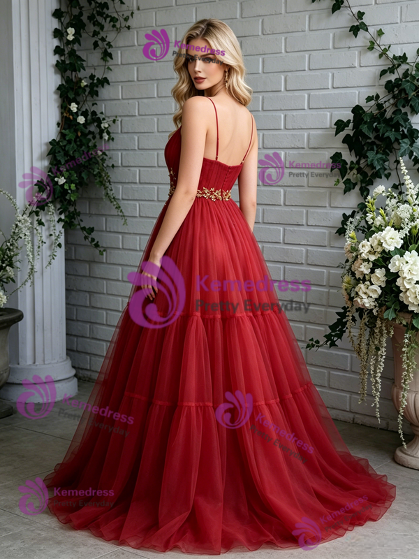 Red Tulle Spaghetti Straps Prom Dress